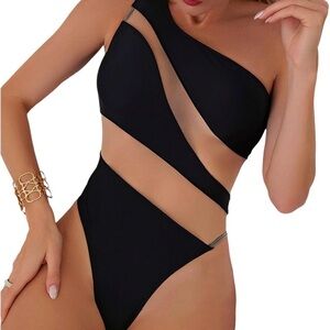 NWT Black Mesh One-Shoulder Swimsuit